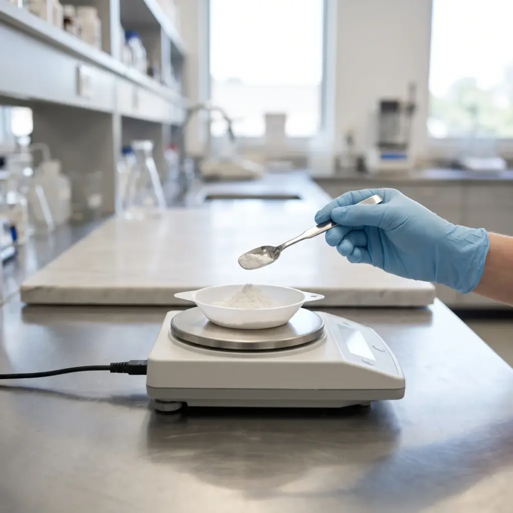 Editorial illustration of a gloved hand holding a powder-filled metal spoon above a weighing boat on a laboratory balance.