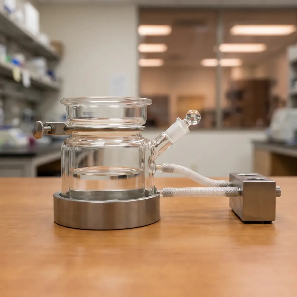 A clamped glass diffusion-cell assembly sits in a metal cradle with a stoppered sidearm and two connected hoses.