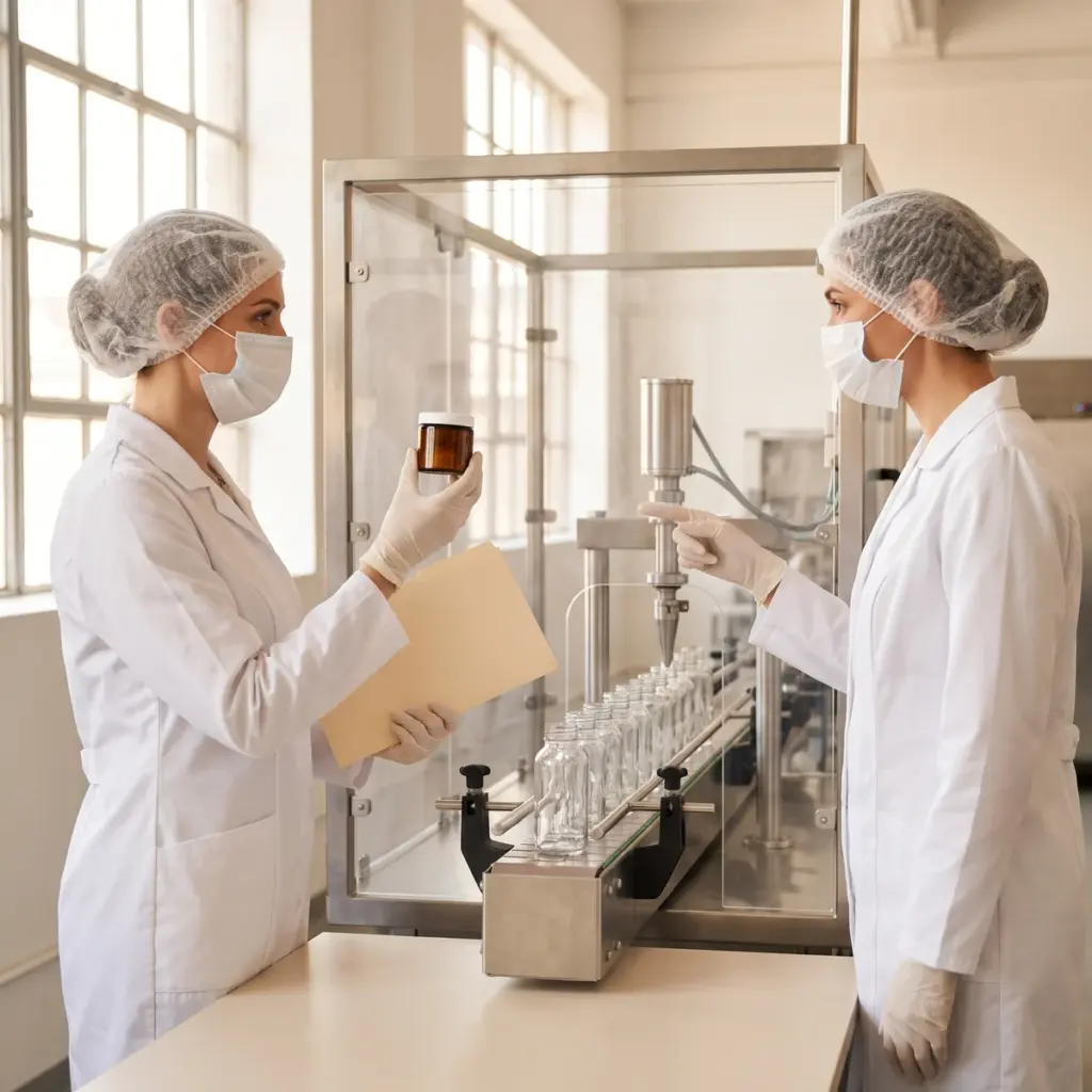 Masked production workers discuss a capped amber sample and a plain folder beside a guarded bottle-filling line.