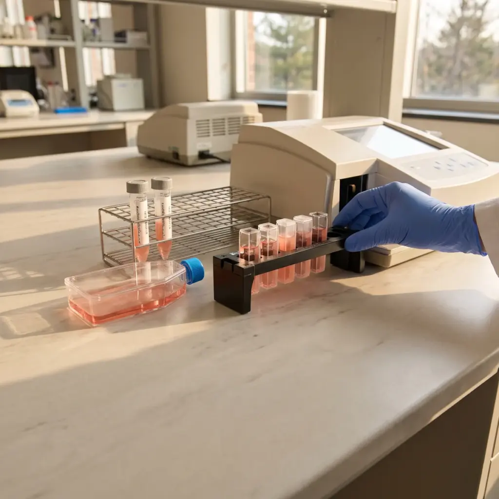 A gloved hand guides a holder of pink-filled cuvettes beside capped samples, a closed culture flask and an analyzer.