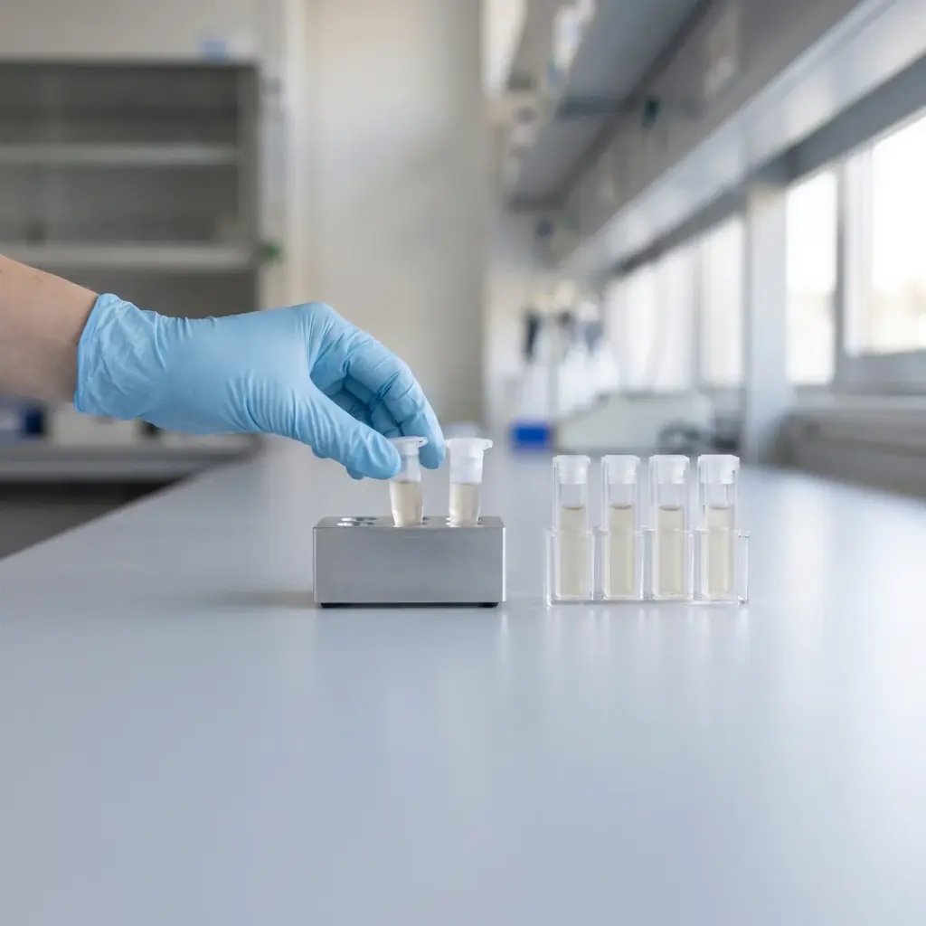 A gloved hand checks a capped tube in a metal block beside clear cuvettes in a holder.