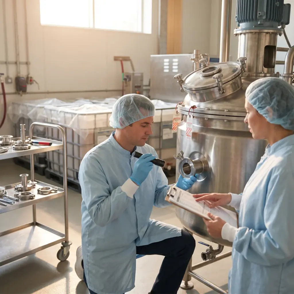 Two production workers inspect a vessel fitting with a flashlight while comparing a clipboard procedure.