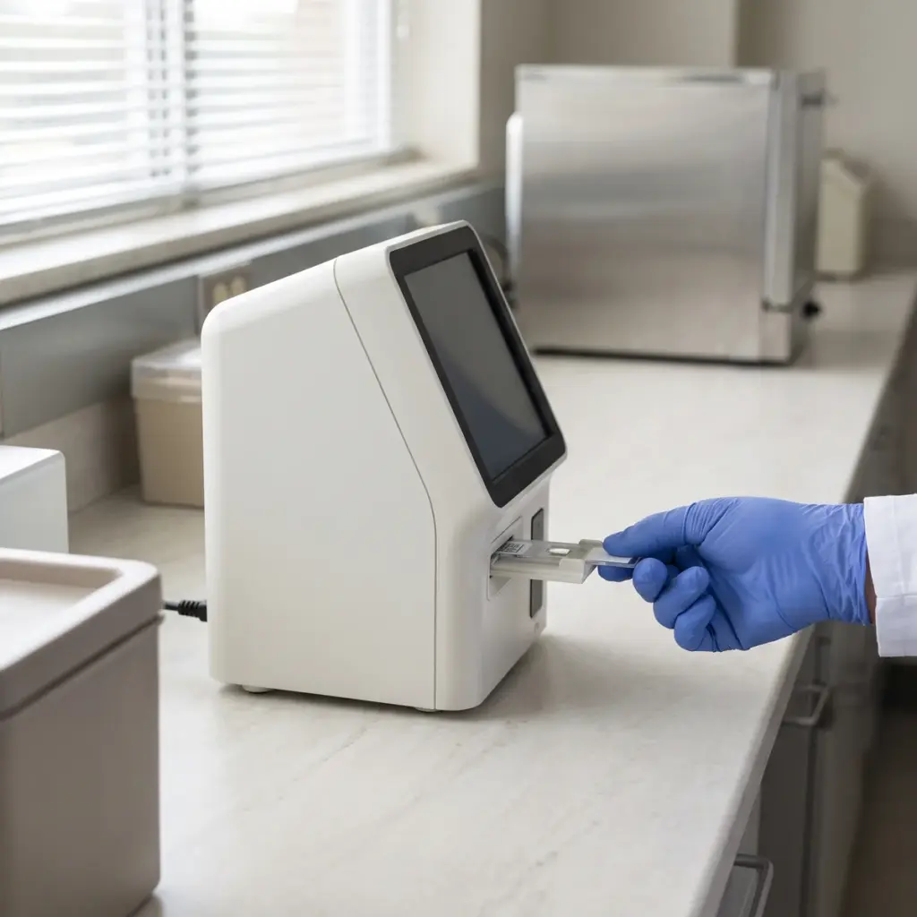 Editorial illustration of a blue-gloved hand positioning a counting slide in the guide of a compact laboratory instrument.