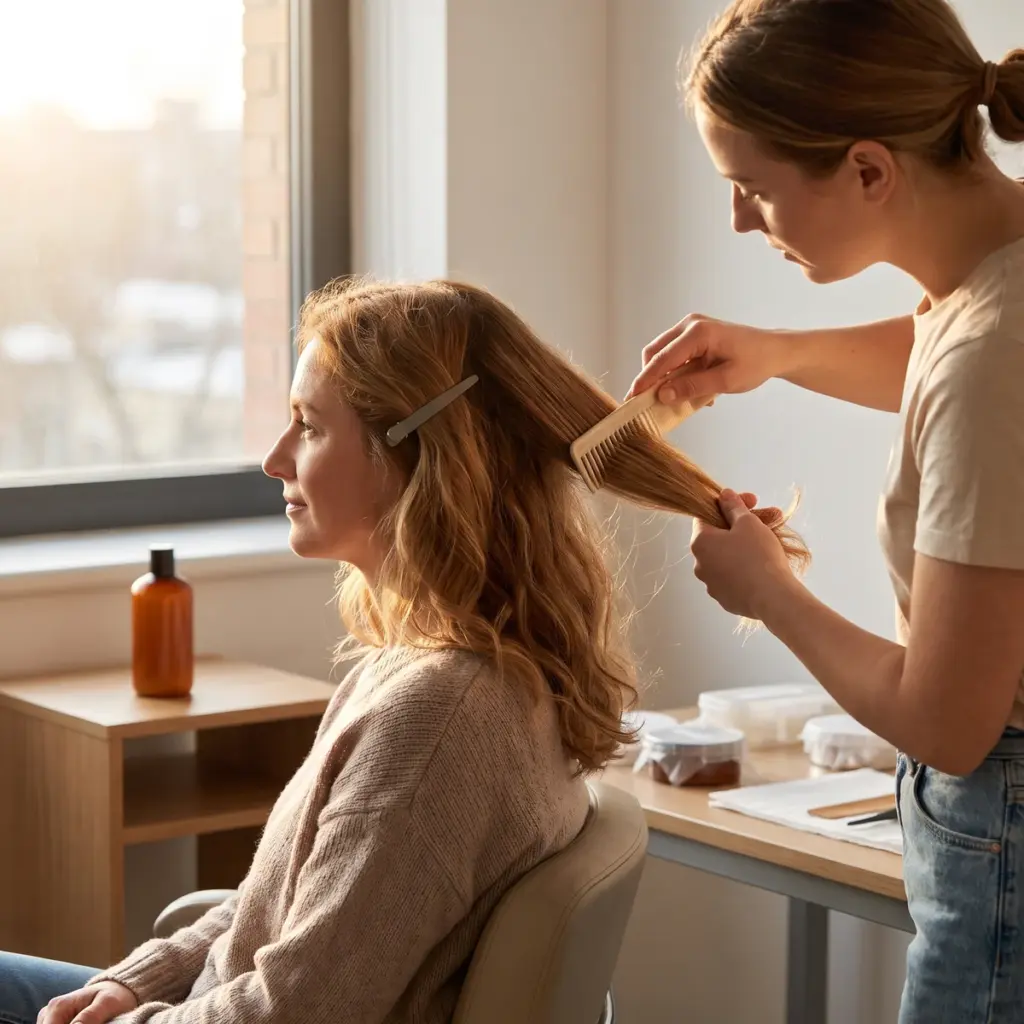 Editorial illustration of an assessor combing a section of a seated woman’s auburn hair.