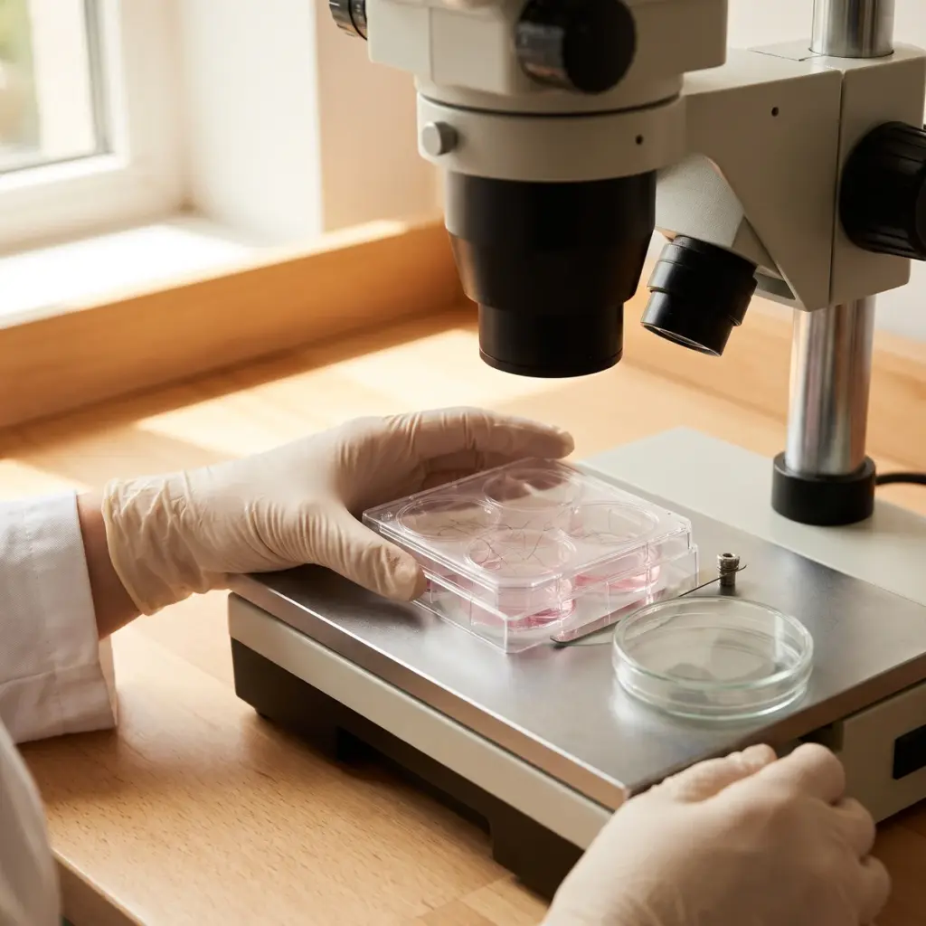 A gloved hand positions a covered multiwell plate containing pink liquid beneath microscope optics.