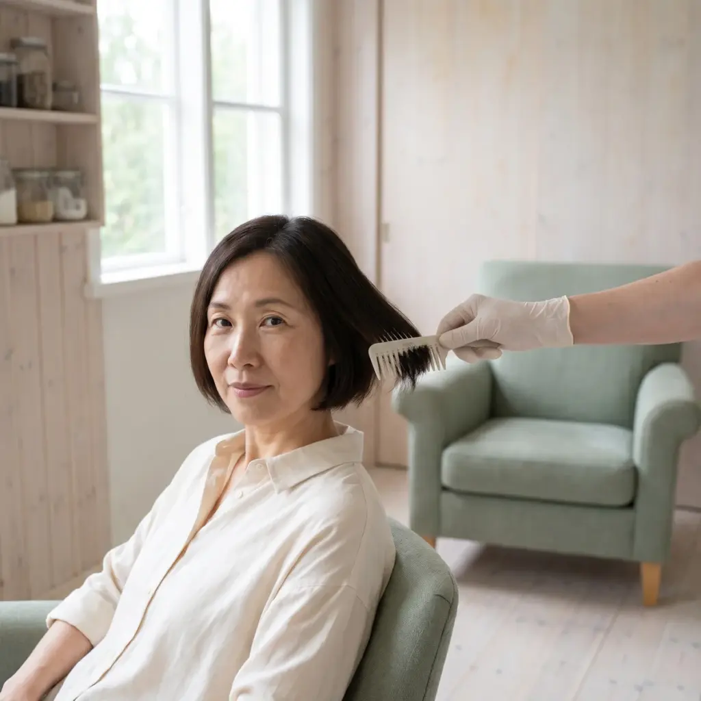 Gloved hand holding a comb at the ends of a seated woman’s short dark hair.