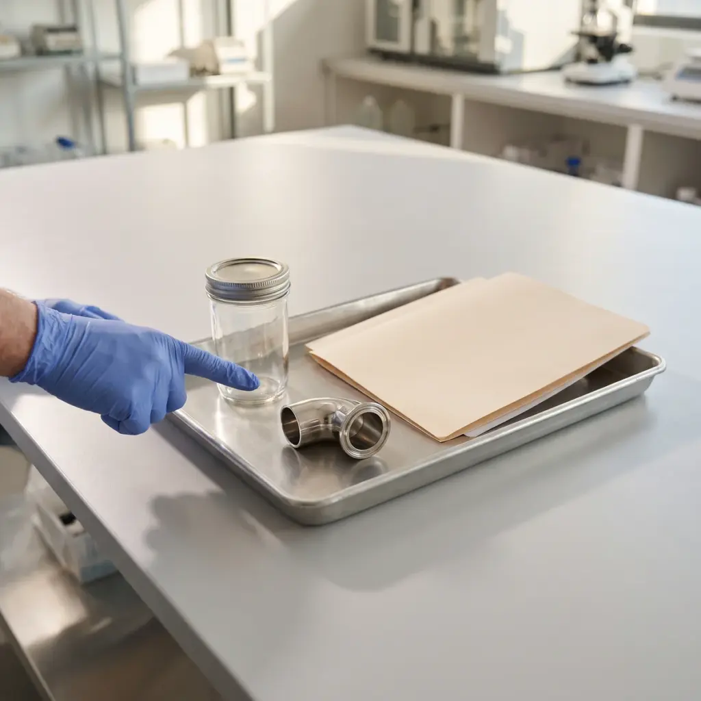 A gloved hand points beside a closed clear jar, overlapping folios and a metal elbow fitting on a tray.