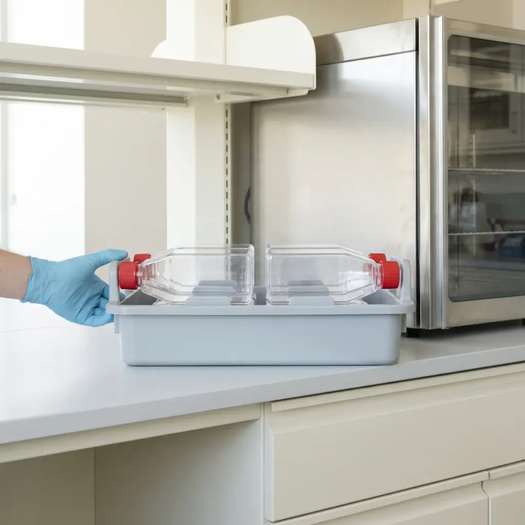 Editorial illustration of a gloved hand holding a carrier of capped flat culture flasks beside laboratory equipment.