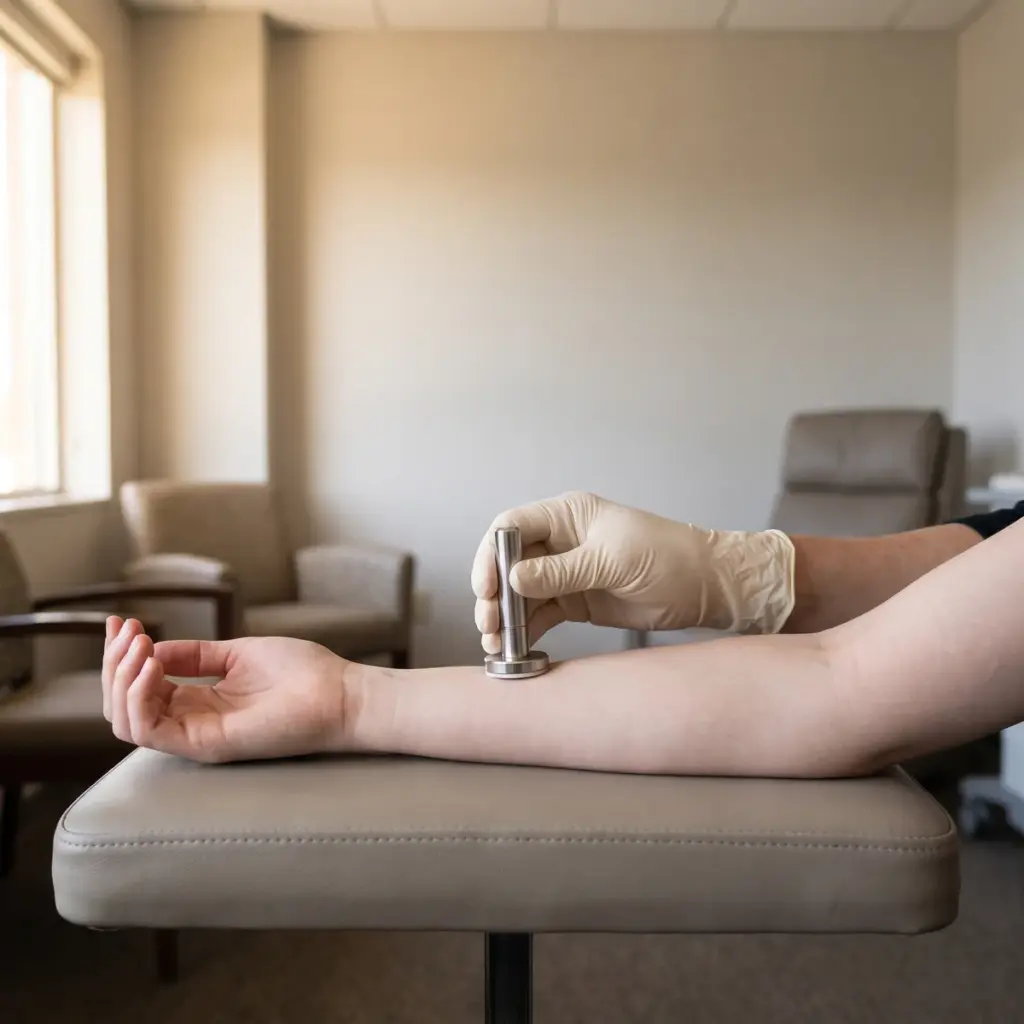 A gloved hand holds a cylindrical probe against an inner forearm resting on a padded support.