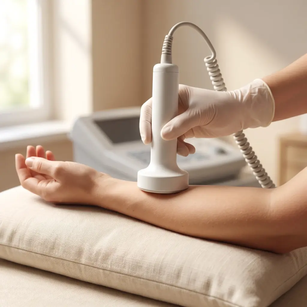 A gloved hand holds a white probe against a forearm resting on a cream cushion.