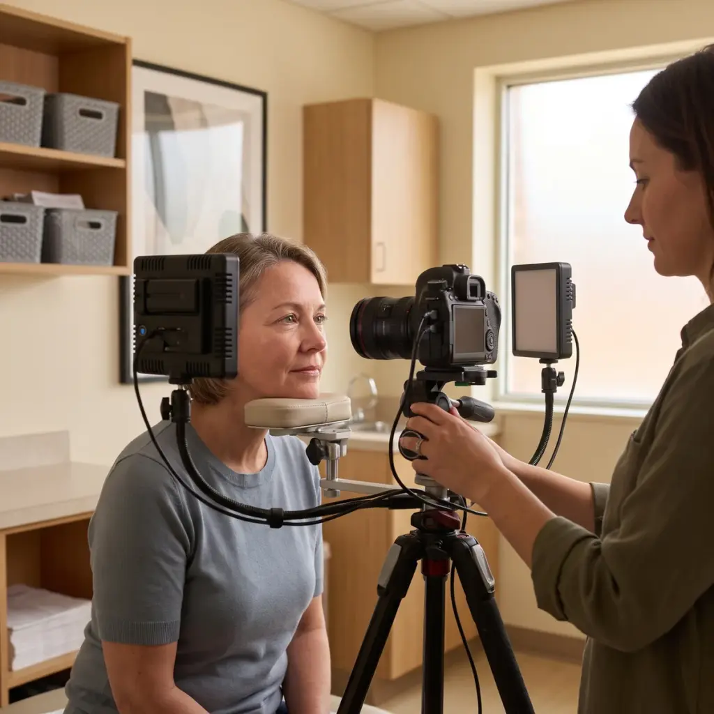 An adult rests their chin on a support facing a camera while an operator adjusts the camera.