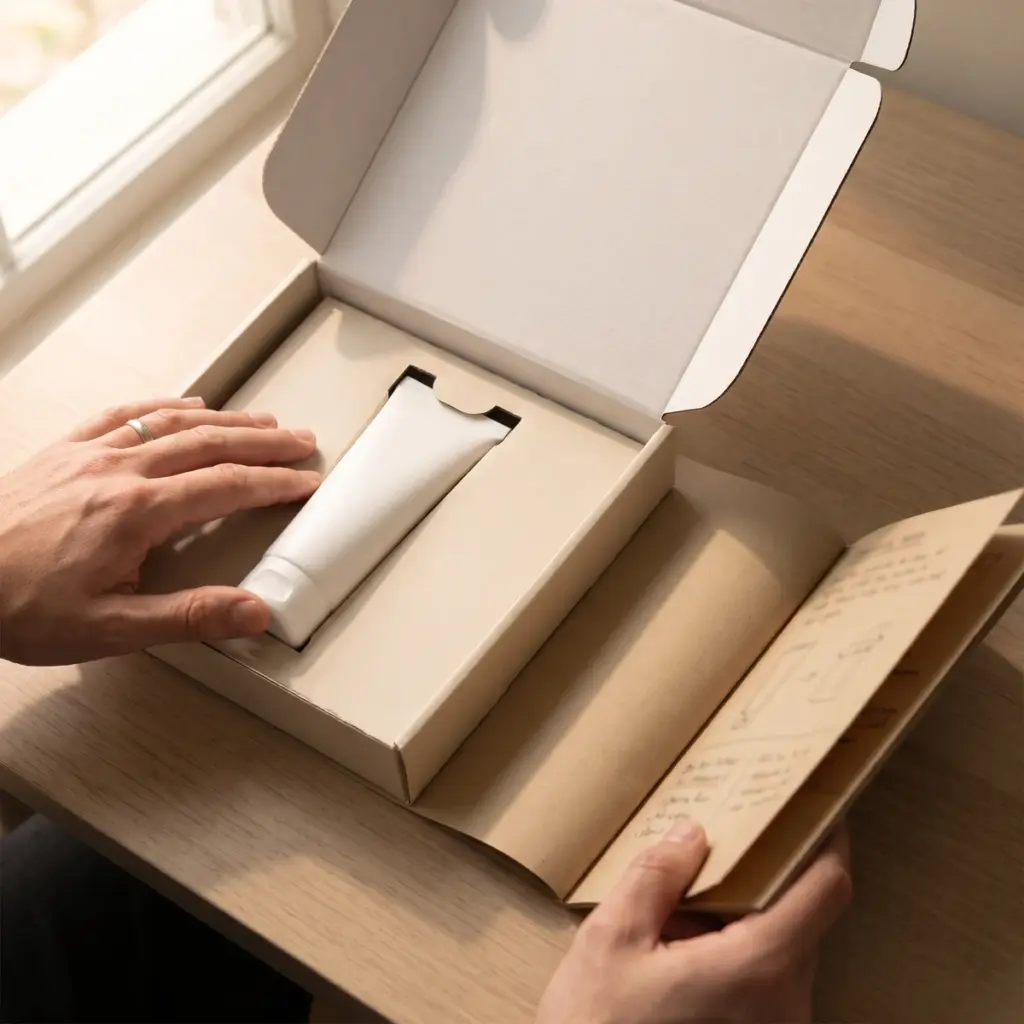 A hand touches the fitted insert around a white tube in an open carton beside an open kraft folio.