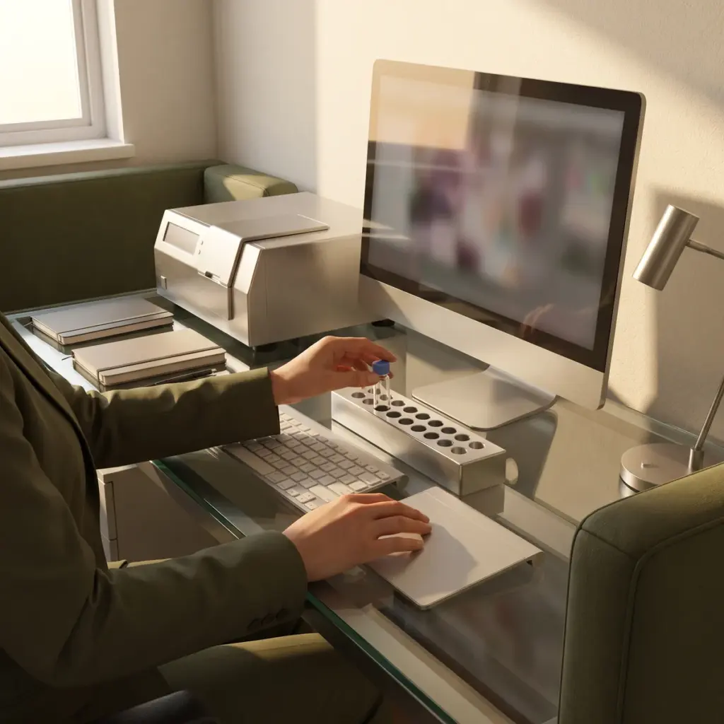 Editorial illustration of a researcher selecting a capped vial beside a computer keyboard and sample rack.