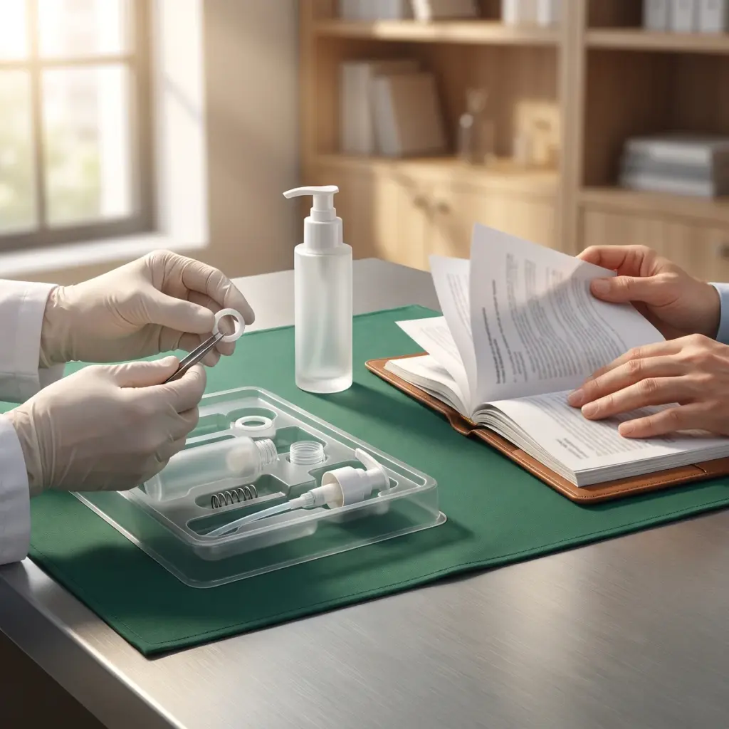 Editorial illustration of a lotion-pump gasket inspection beside a bottle, parts tray and separate document review.