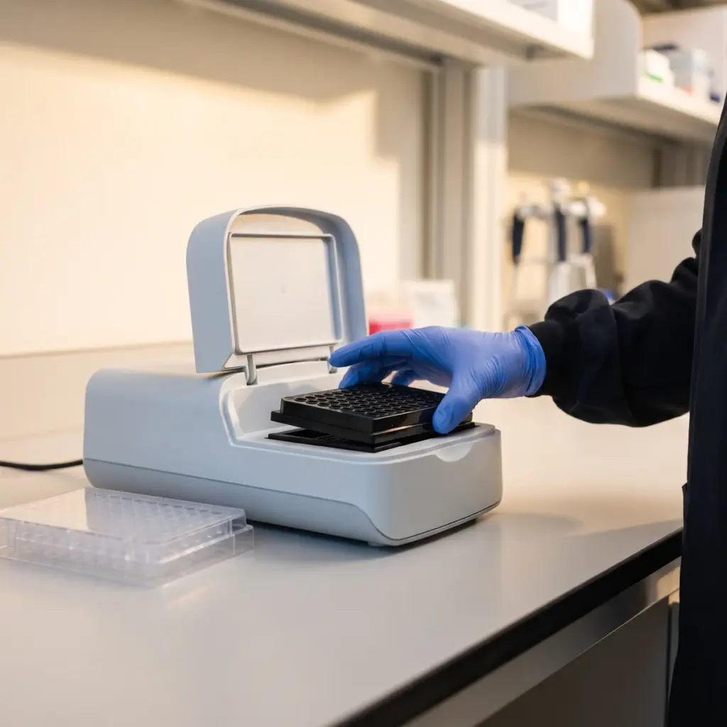 A blue-gloved hand holds an opaque black multiwell plate above an open reader tray.