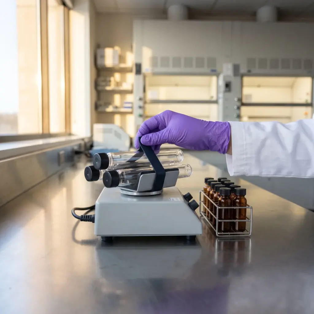 A gloved hand adjusts a retaining strap over capped glass tubes on a benchtop mixer beside capped amber vials.