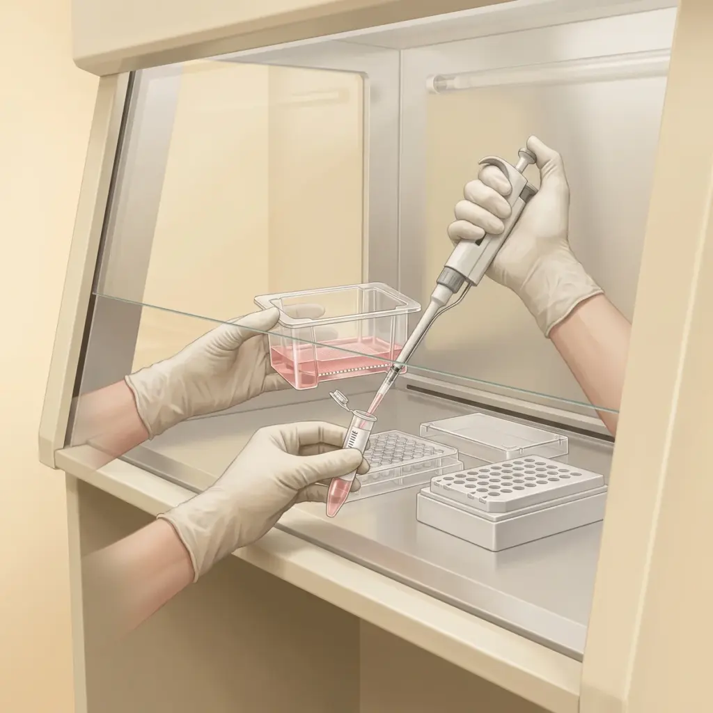 Gloved hands handle a culture insert and pipette into an open collection tube inside a cabinet.