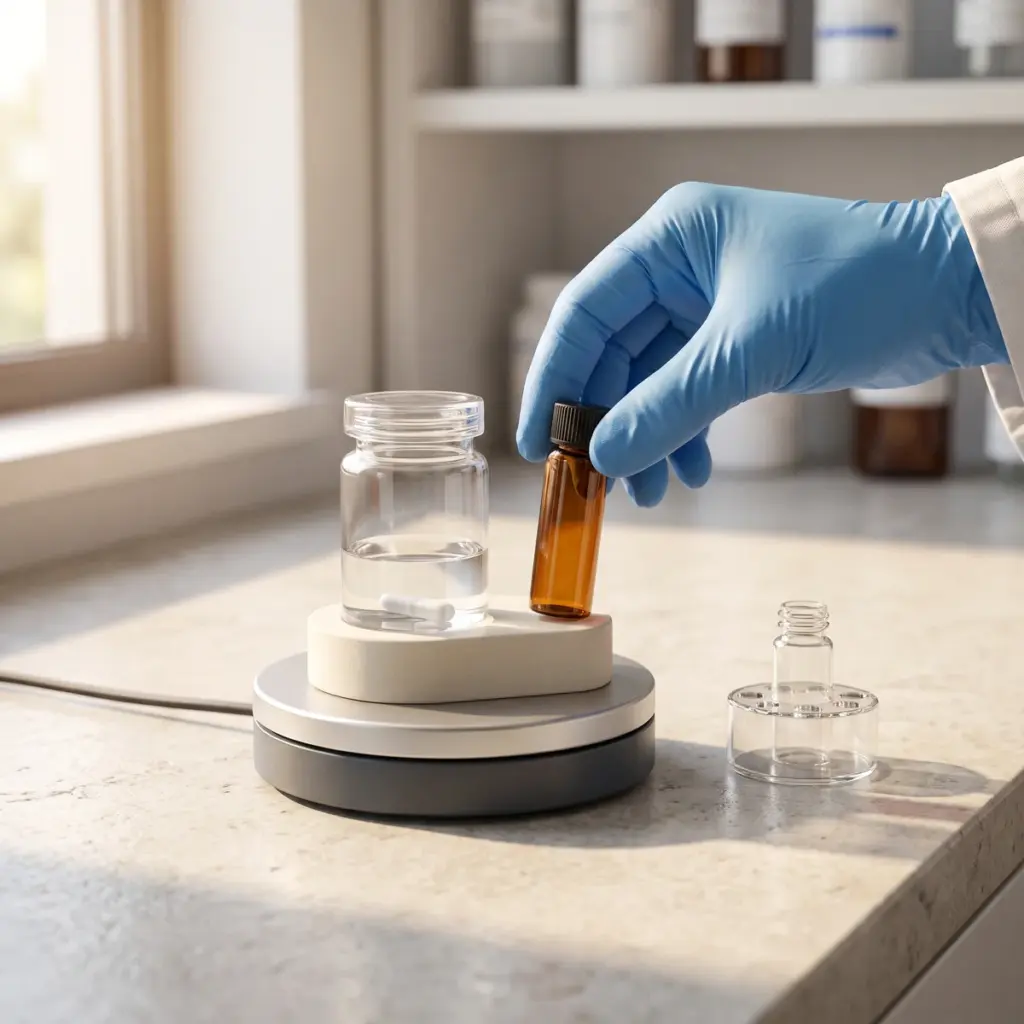 A blue-gloved hand holds an amber vial beside a clear vessel on a stirring platform.