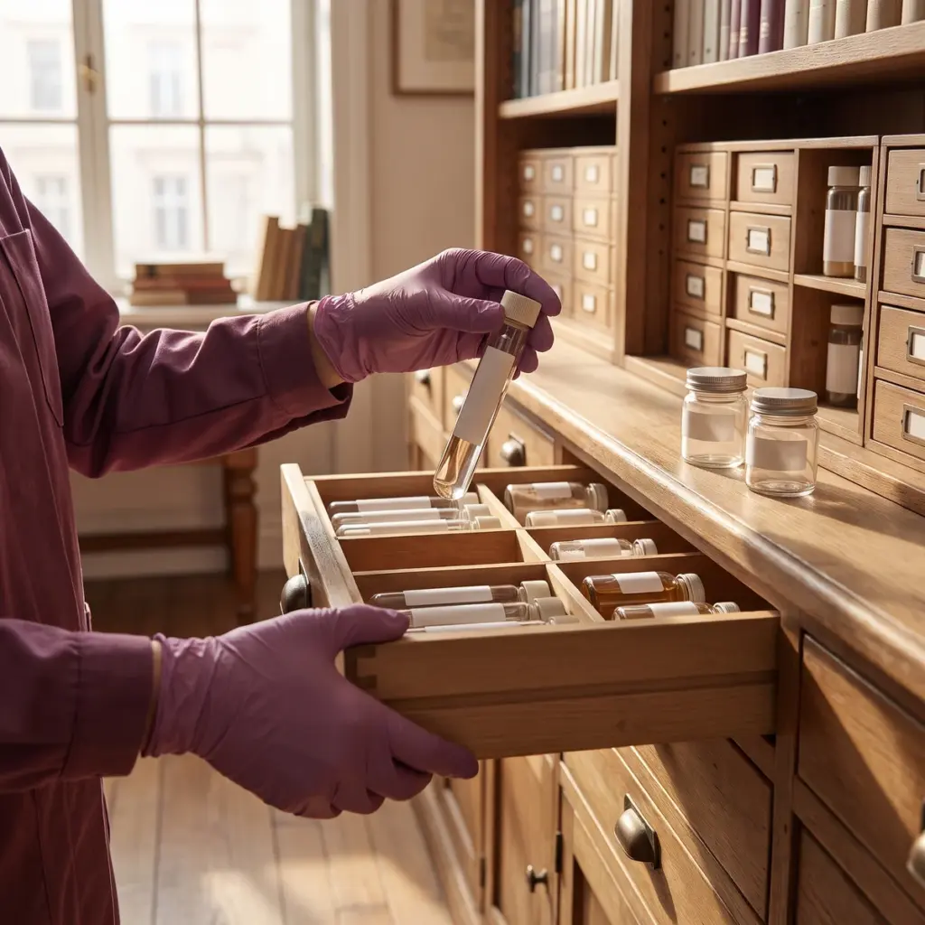Editorial illustration of gloved hands selecting a capped reference tube from a compartmented sample drawer.