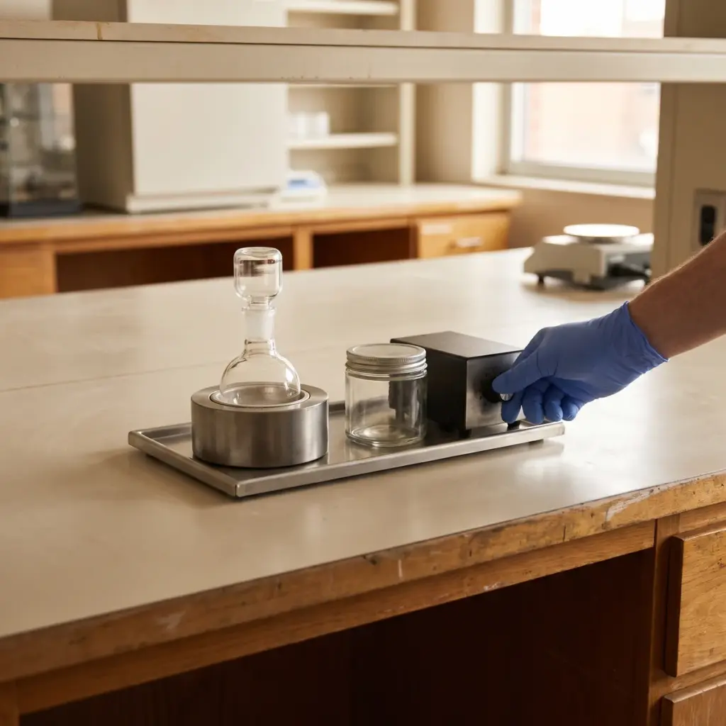 A blue-gloved hand adjusts a controller beside a glass flask in a metal heating block and a capped sample jar.