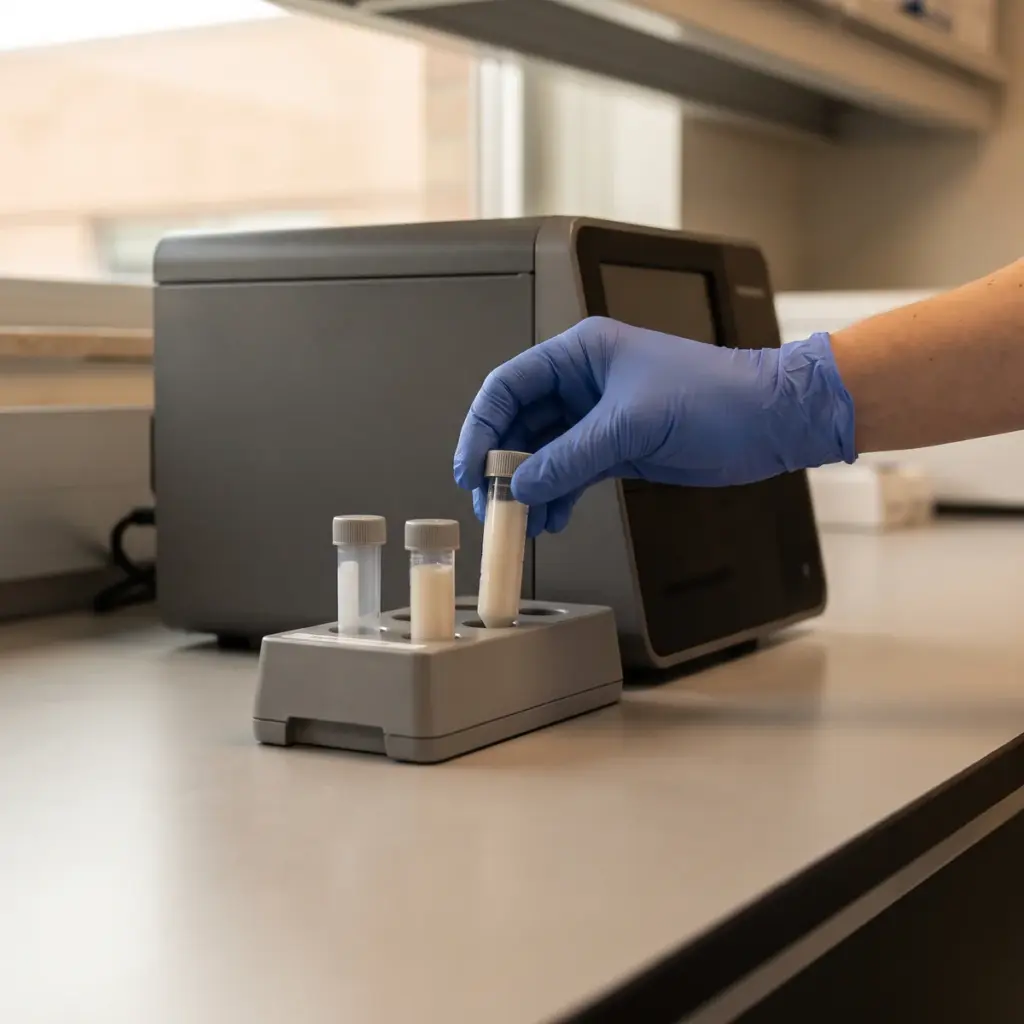 A blue-gloved hand grips a capped tube in a small rack beside a compact laboratory instrument.