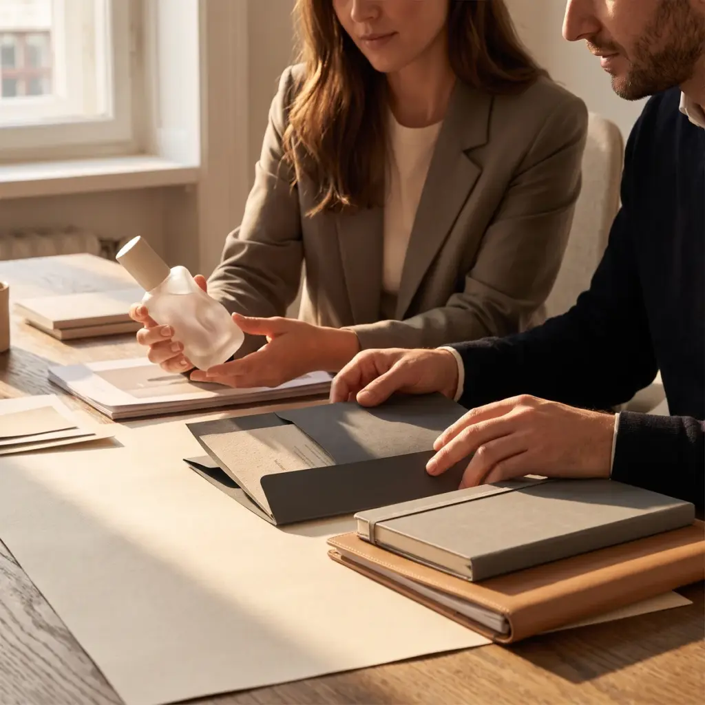 Advisers examine a sculpted cosmetic bottle beside notebooks and an open document binder.