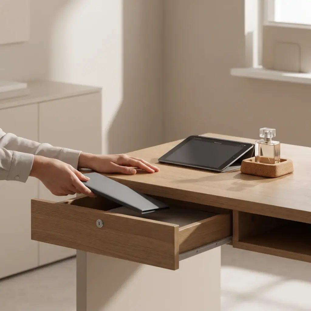 Hands handle a gray folio at an open desk drawer beside a tablet and a capped glass perfume bottle.