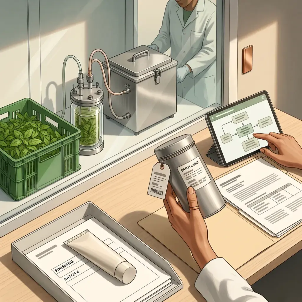 Botanical processing materials beside ingredient traceability records and a separate finished cosmetic tube.
