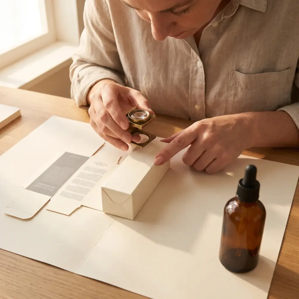 Hands inspect a folded cosmetic carton with a magnifier beside its unfolded artwork proof and a capped bottle.