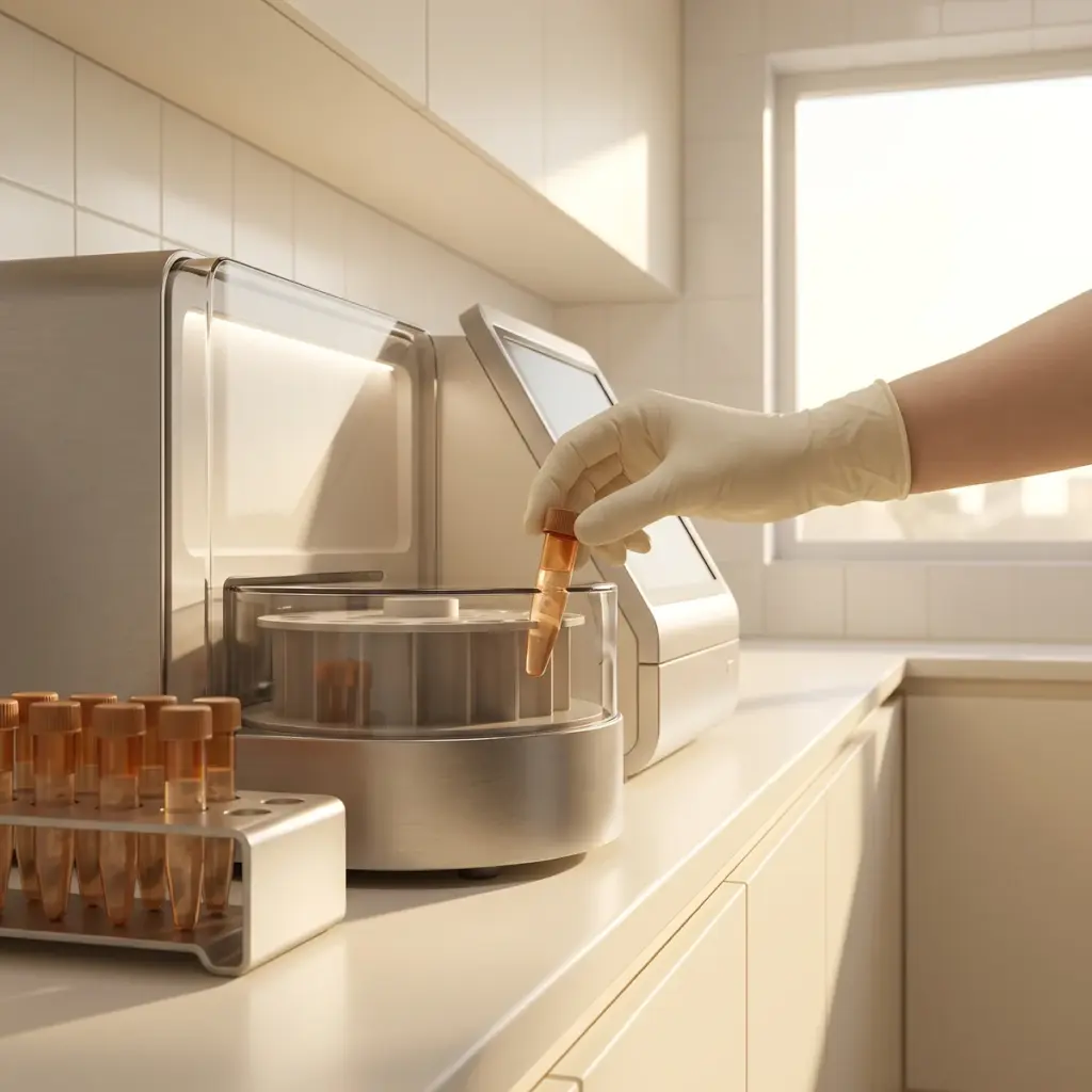 A blue-gloved hand lowers an orange-capped tube toward a circular instrument loader.