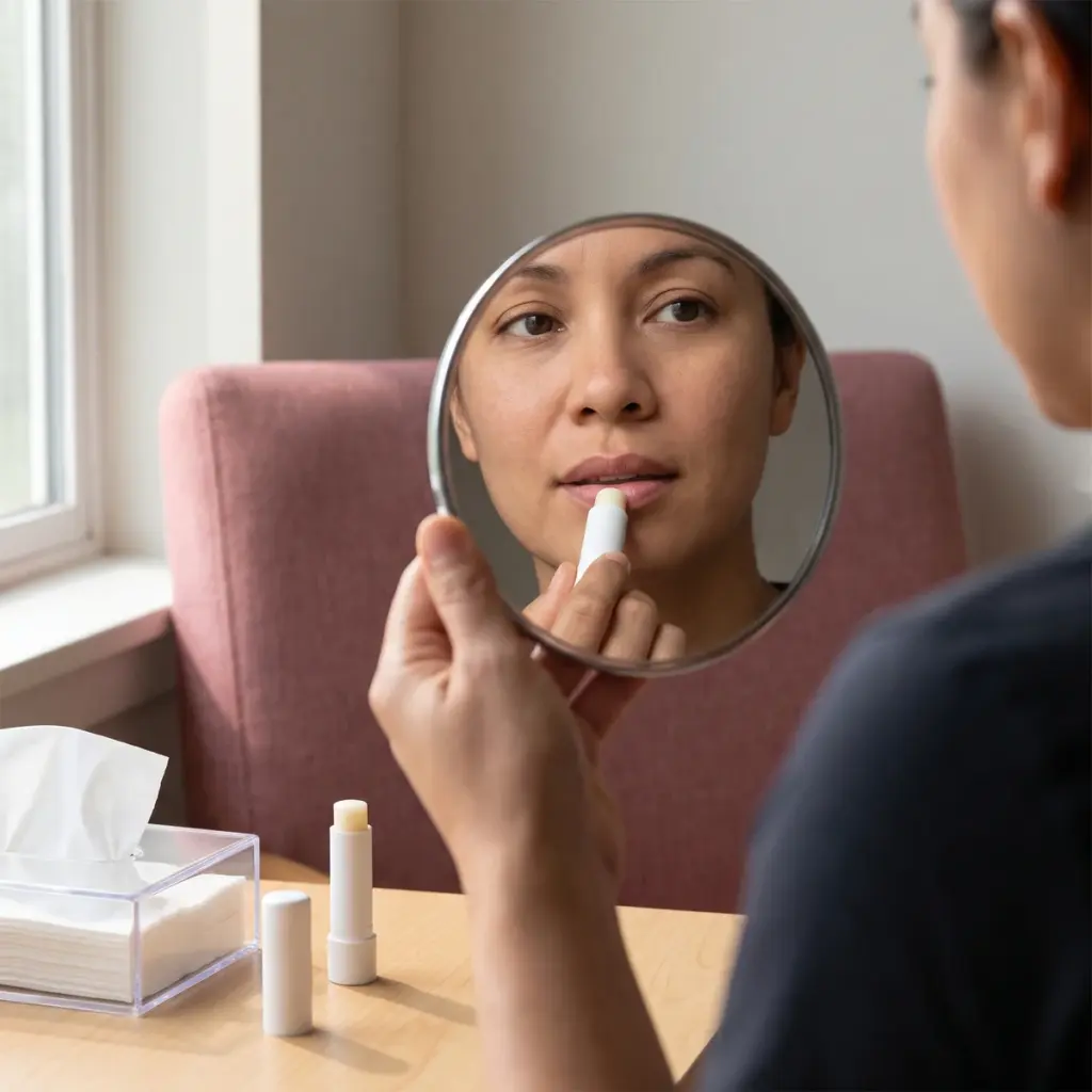 Editorial illustration of a woman applying plain lip balm while looking into a handheld mirror.