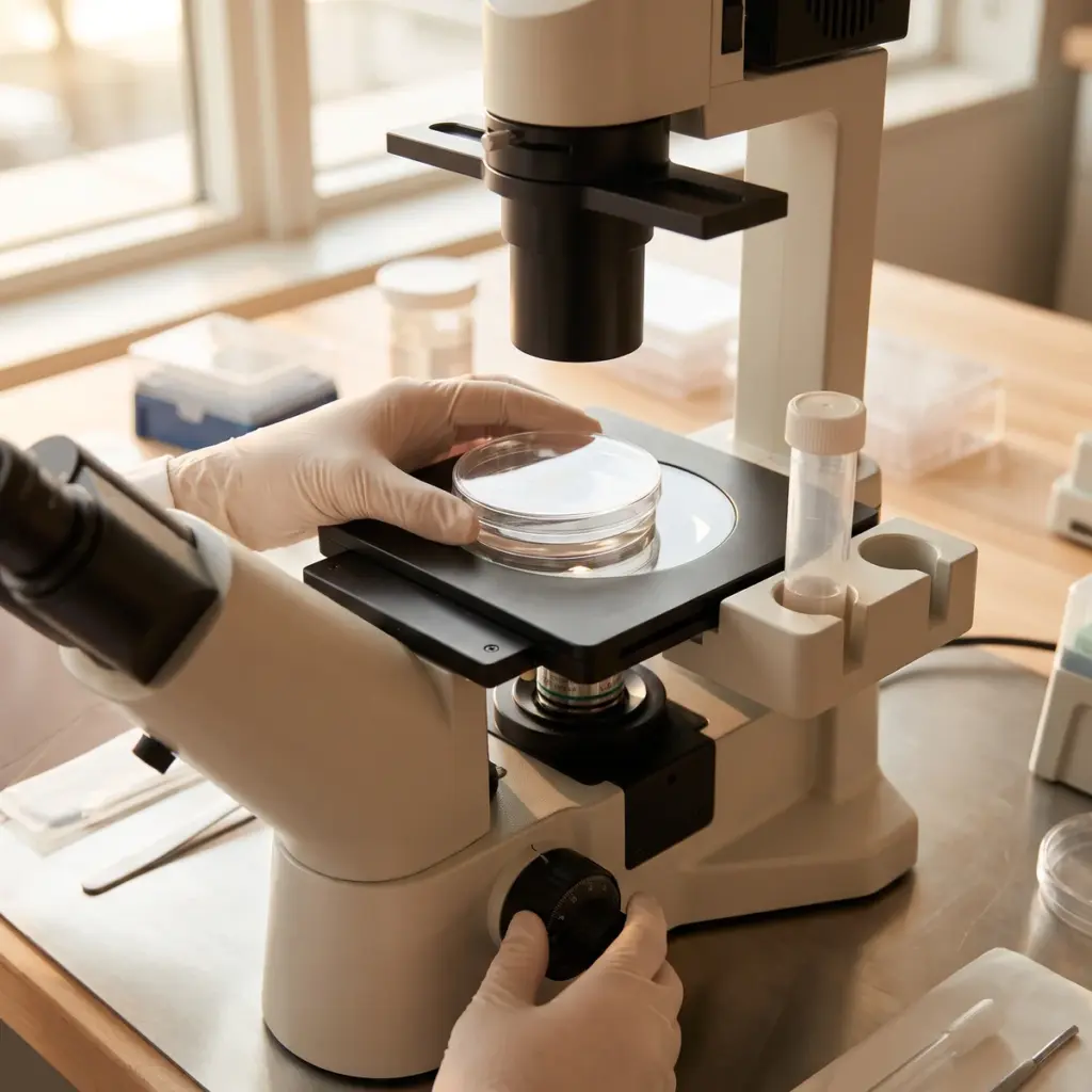 A gloved hand guides a covered culture dish onto an inverted microscope stage beside a capped tube in a holder.
