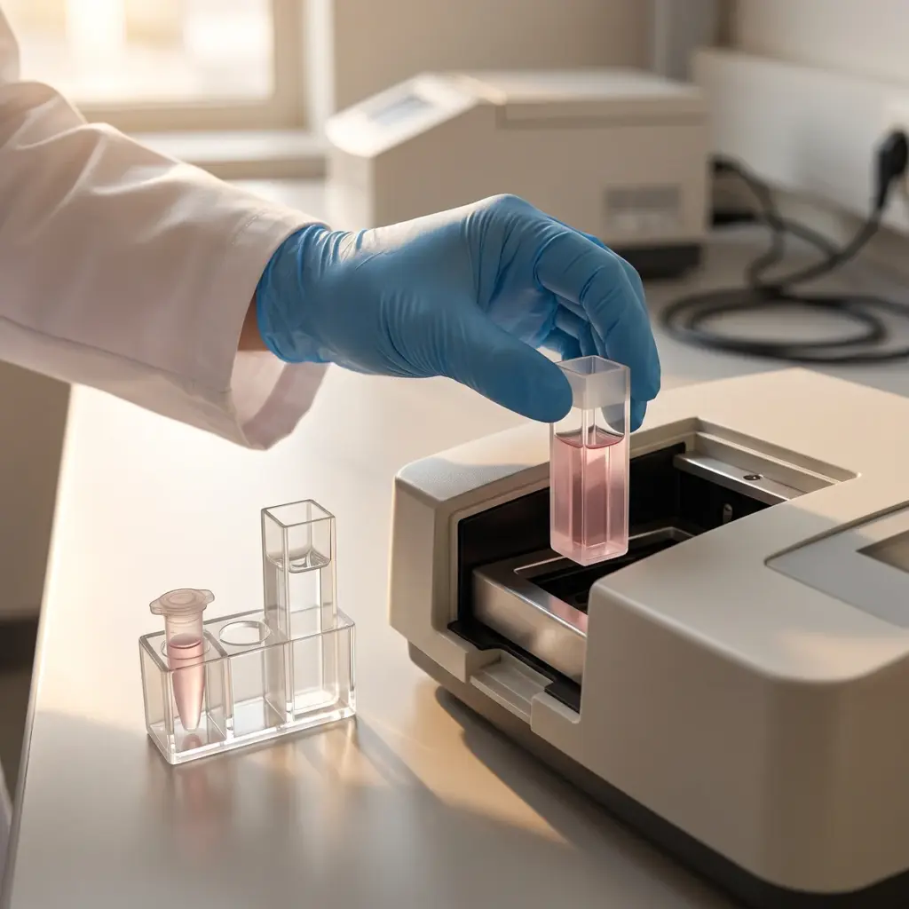 A blue-gloved hand lowers a pink-filled cuvette toward an open instrument beside a clear spare cuvette.