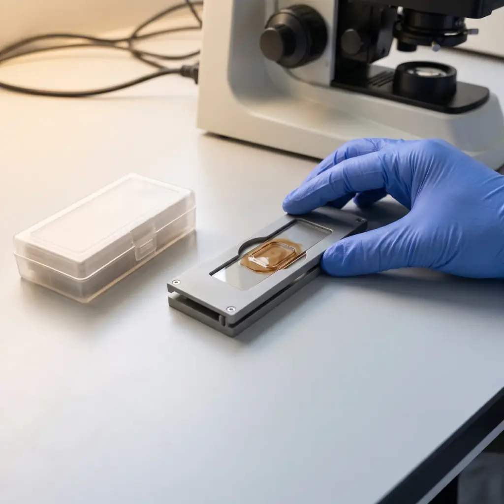A gloved hand holds a metal slide carrier with an amber-tinted chamber assembly beside a translucent storage box.