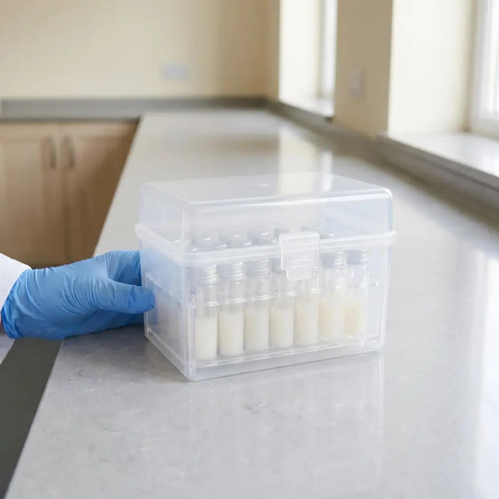 Gloved hand steadying a closed transport box containing capped sample tubes.