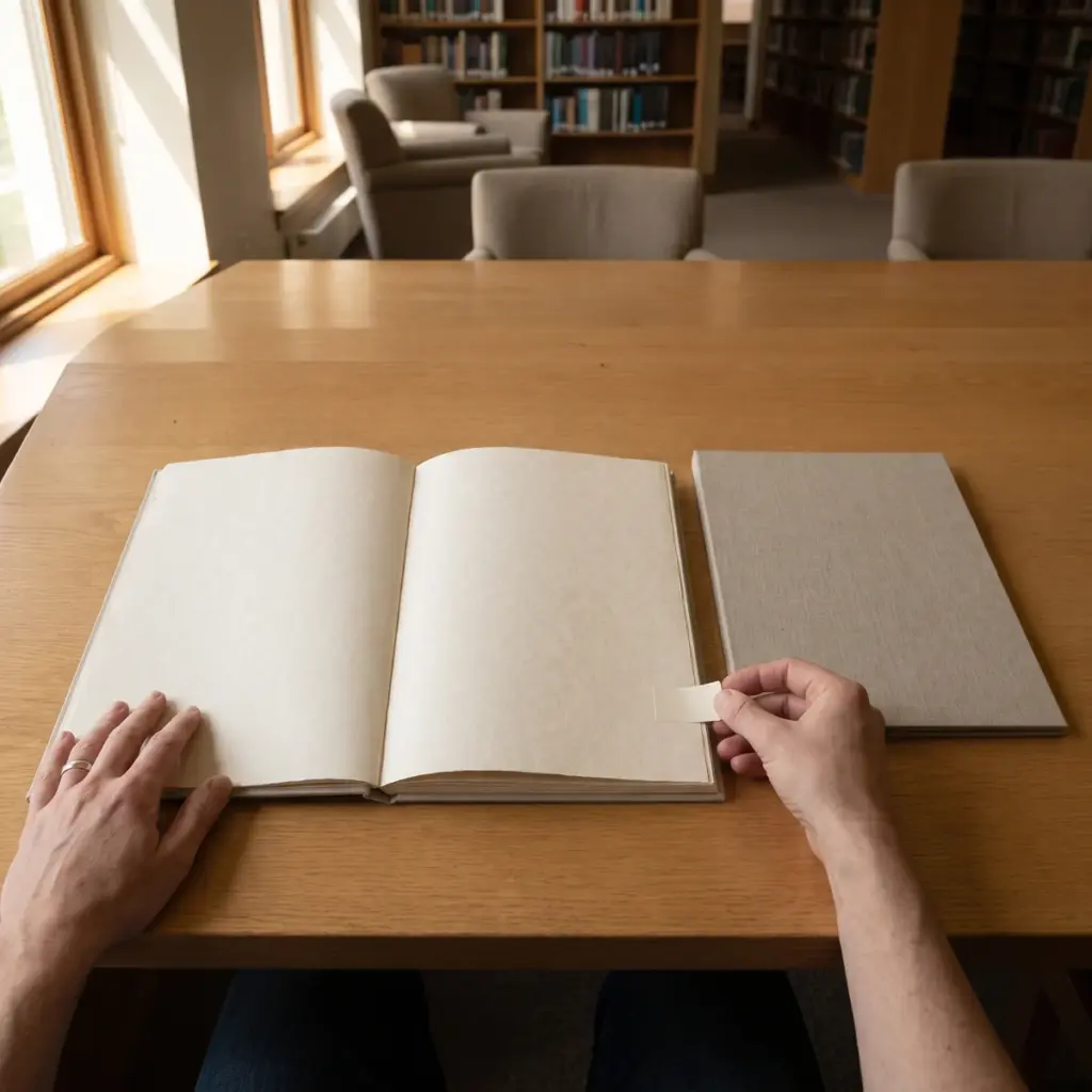 Hands hold open a cream-paper book and position a small page tab beside a closed cloth-covered volume.