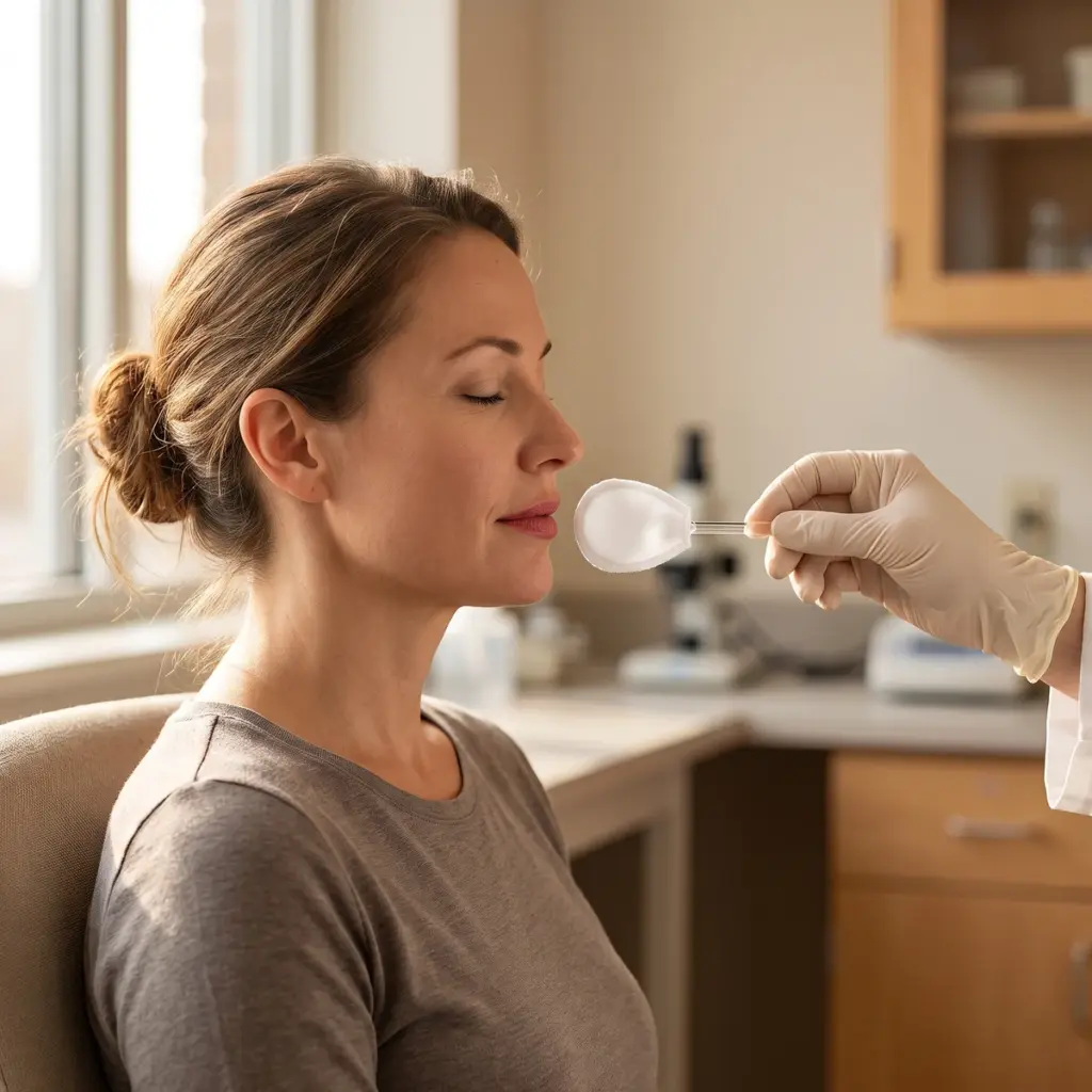 Editorial illustration of a gloved hand holding a clean white contact fixture in front of a woman’s lips.