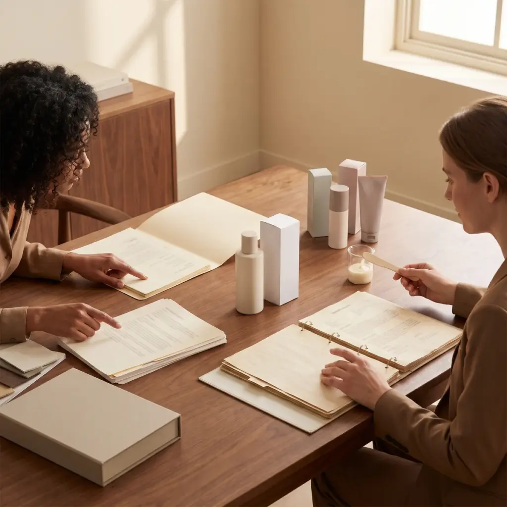 Hands review separate document sets beside plain cosmetic bottles, tubes and cartons.
