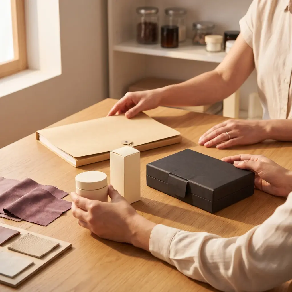 Hands gather a folder beside cosmetic packaging mockups, a closed prototype case and material swatches.
