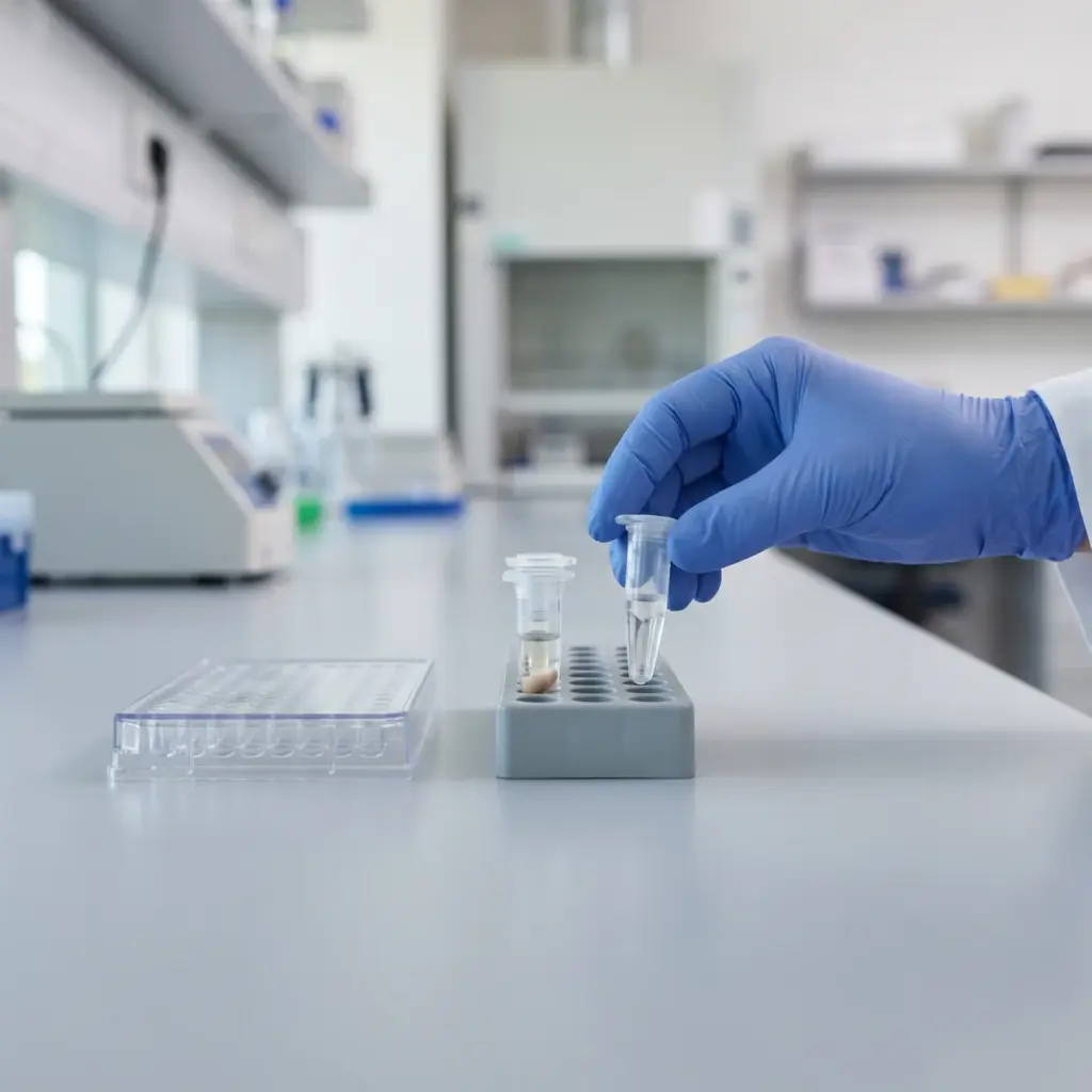 A blue-gloved hand holds a clear tube above a rack beside another tube and a covered multiwell plate.