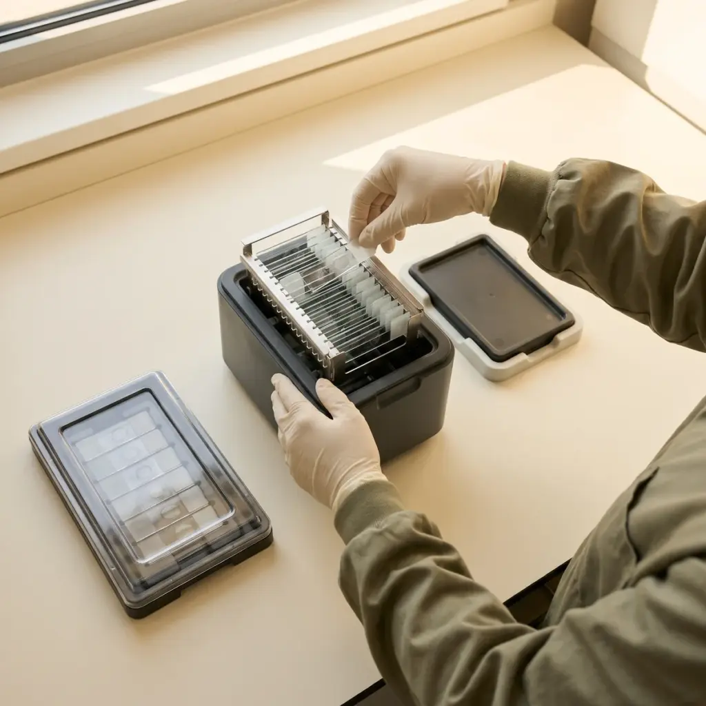 Editorial illustration of gloved hands arranging glass slides in an open staining chamber.