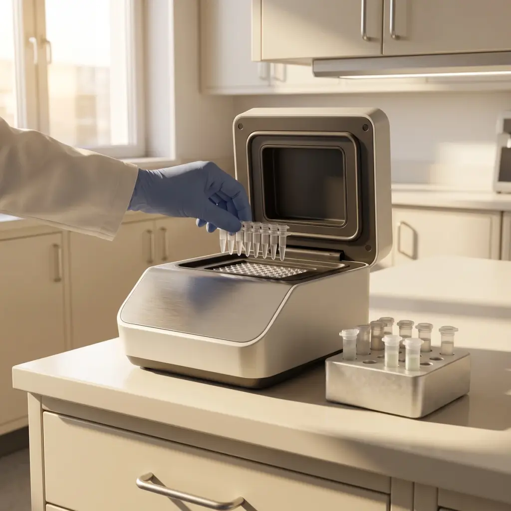 Editorial illustration of a gloved hand positioning a tube strip above an open laboratory instrument block.