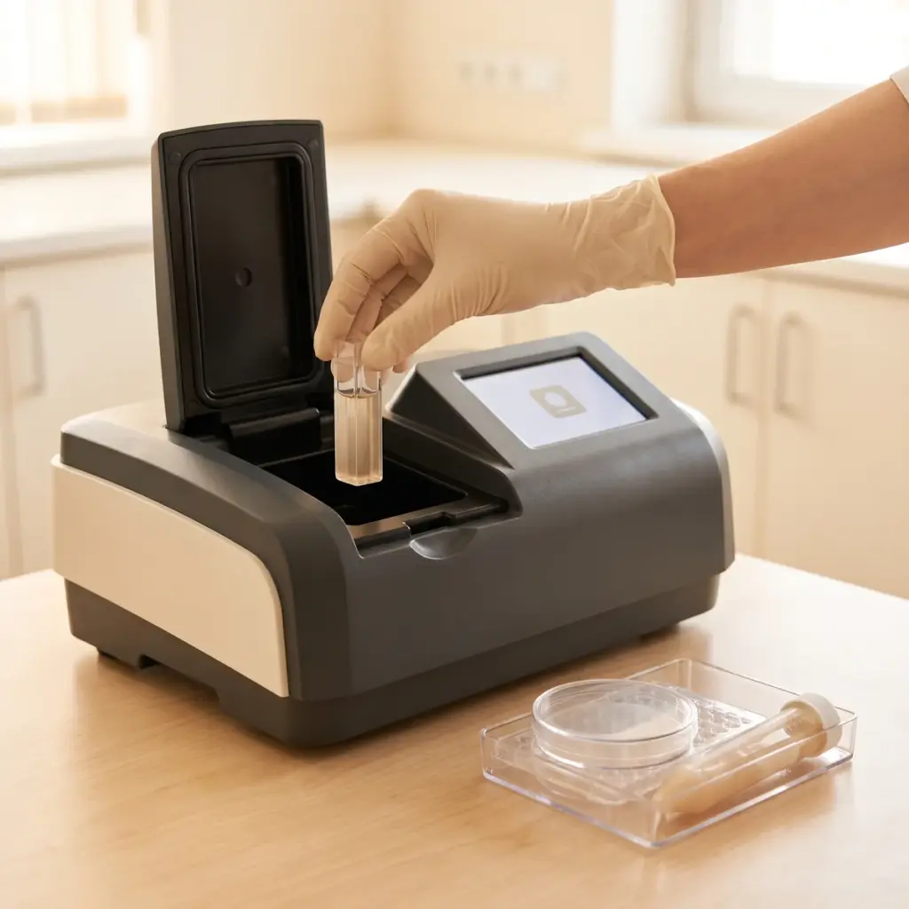 A blue-gloved hand holds a pale tan-filled cuvette over an open optical instrument compartment.