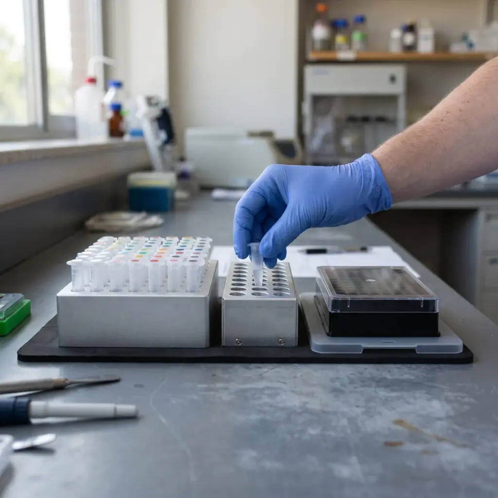 A gloved hand holds a capped tube over a metal block beside sample racks and a covered black plate.