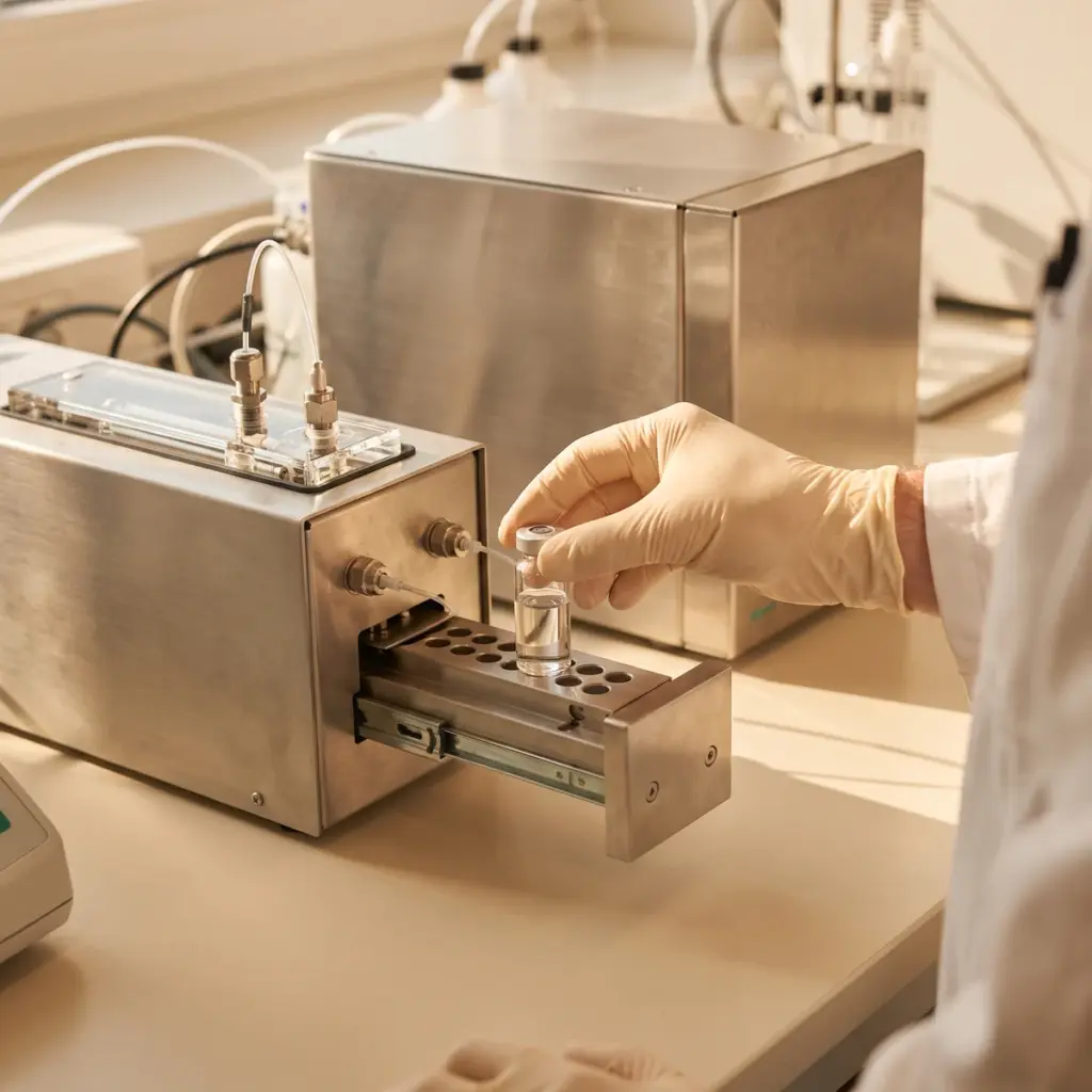 Editorial illustration of a gloved hand holding a capped sample vial above a chromatography-style instrument rack.