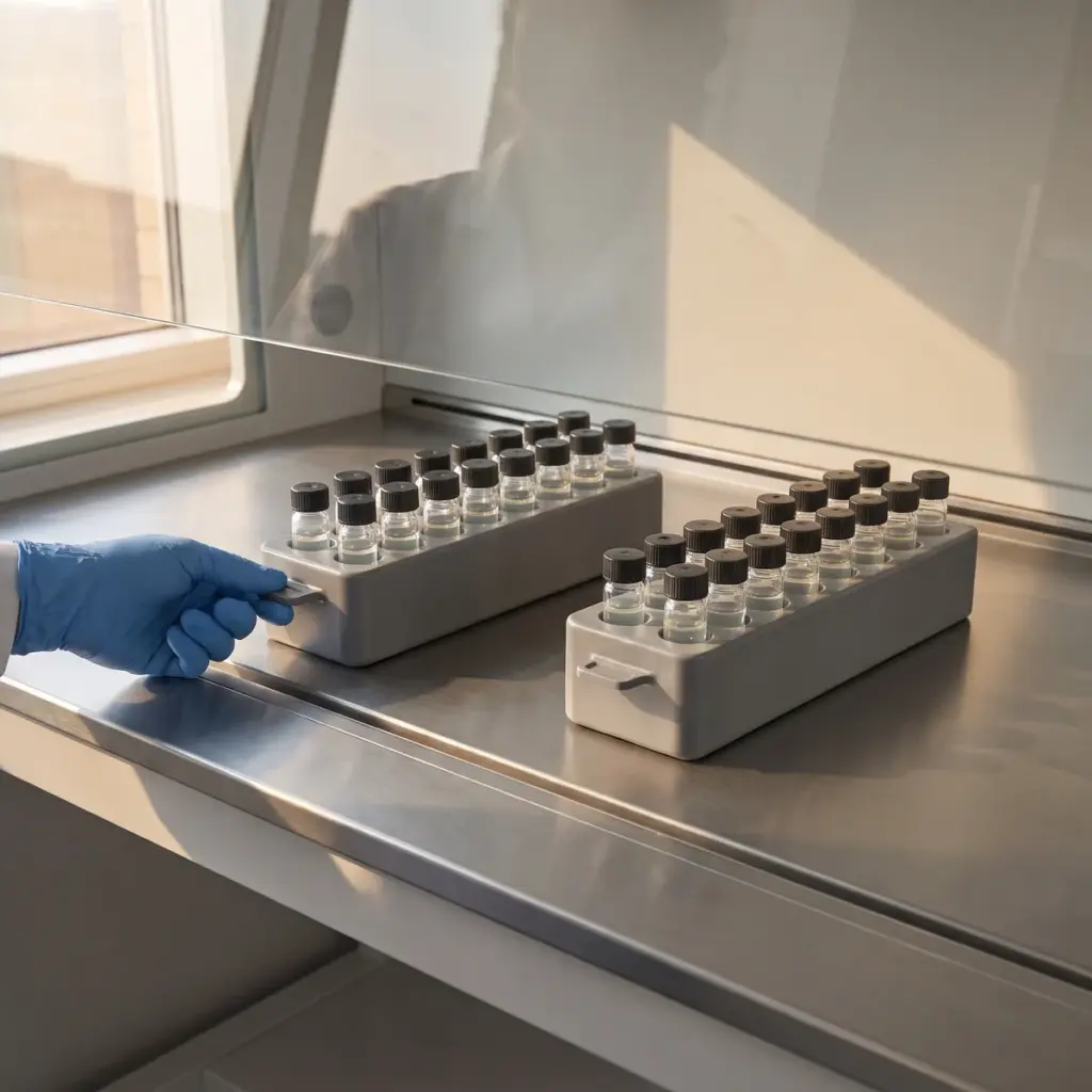 A blue-gloved hand grips one of two metal carriers holding rows of capped clear vials inside a laboratory enclosure.