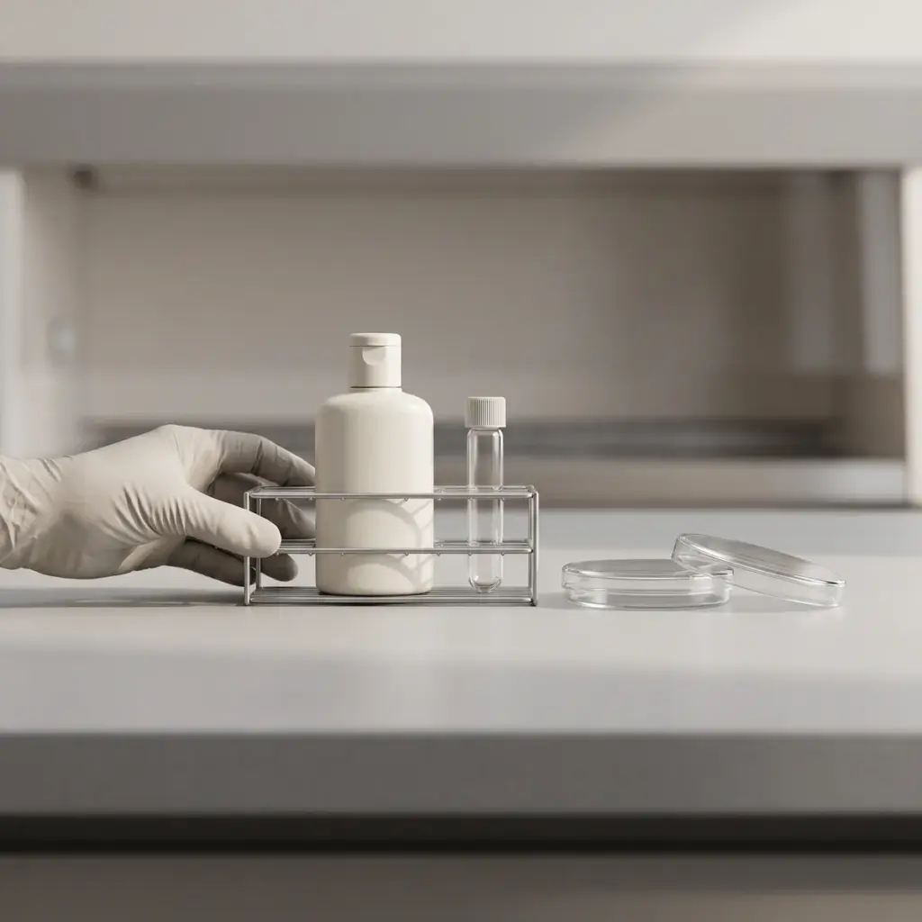 A gloved hand steadies a tube rack beside a plain white bottle and clear culture dish with a separate lid.