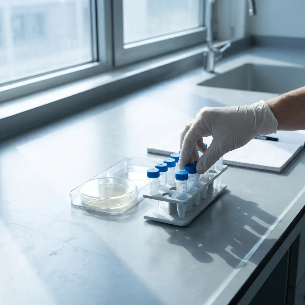 A gloved hand checks capped tubes in a rack beside a closed culture dish in a clear carrier.