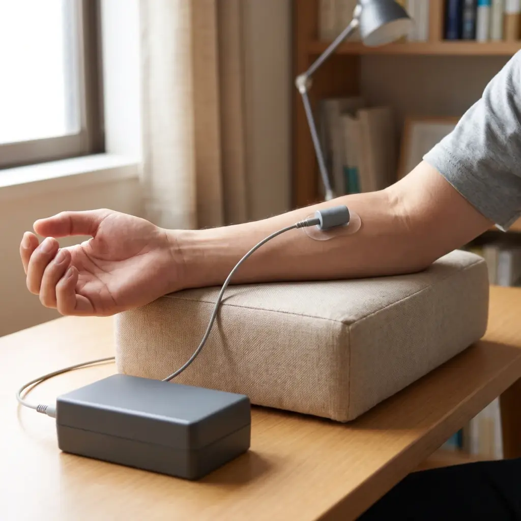 A wired gray sensor is attached to a forearm with a clear adhesive patch while the arm rests on a cushion.