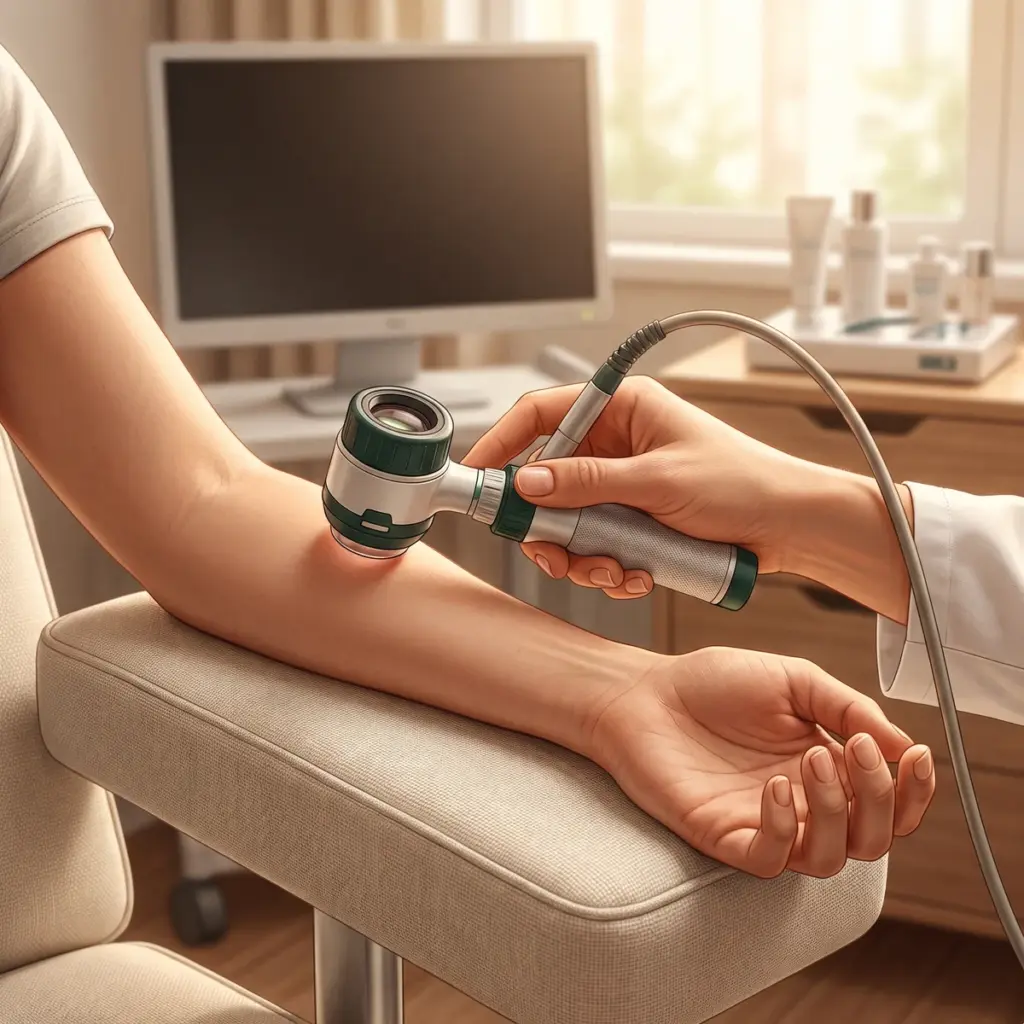 Editorial illustration of a handheld optical device contacting a forearm resting on a padded support.